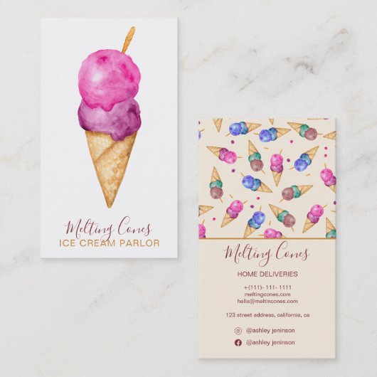 Moderne schattige zomerse ijsparlor waterverf visitekaartje (Voorkant / Achterkant)