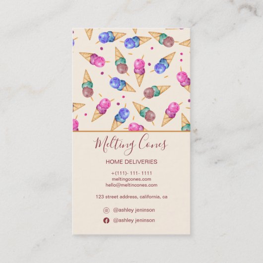 Moderne schattige zomerse ijsparlor waterverf visitekaartje (Achterkant)
