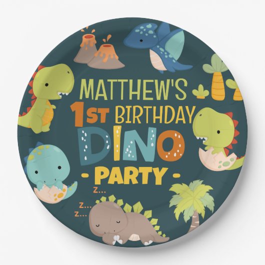Moderne Schattigee Dino Dinosaur Kind's Verjaardag Papieren Bordje (Voorkant)