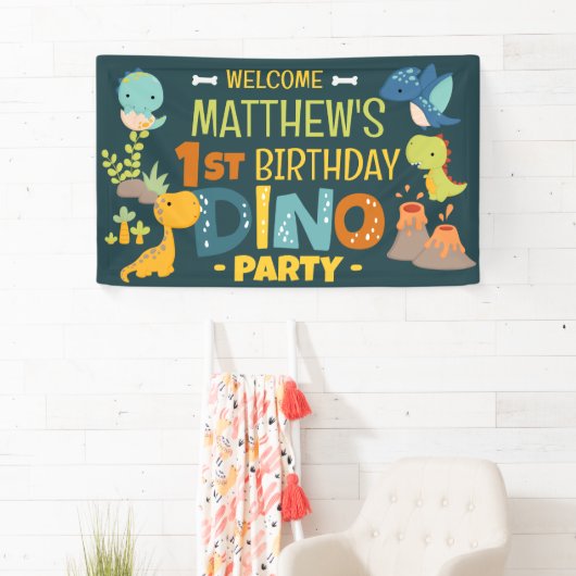 Moderne Schattigee Dino Dinosaur Kind's Verjaardag Spandoek (Insitu)