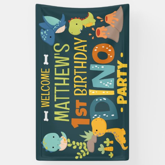 Moderne Schattigee Dino Dinosaur Kind's Verjaardag Spandoek (Verticaal)