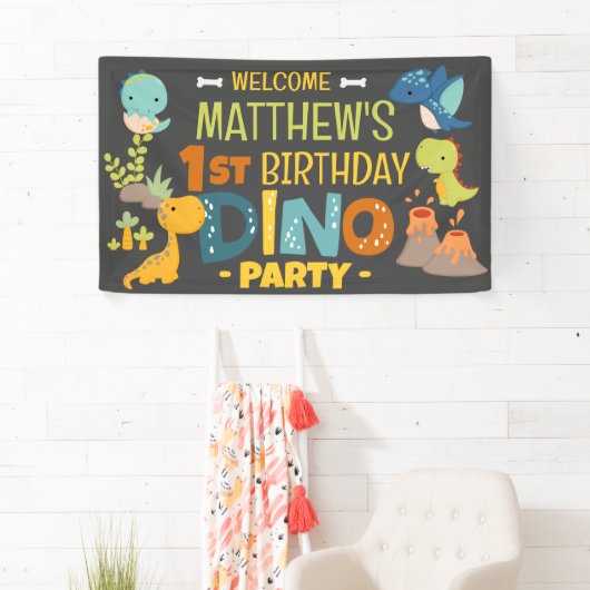 Moderne Schattigee Dino Dinosaur Kind's Verjaardag Spandoek (Insitu)