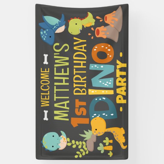 Moderne Schattigee Dino Dinosaur Kind's Verjaardag Spandoek (Verticaal)