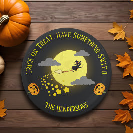 Moderne Schattigee Heksenzwarte Kat Halloween Kind Papieren Bordje