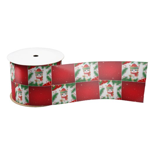 Moderne Schattigee kat Santa Xmas Holly checker Pa Satijnen Lint (Spoel)