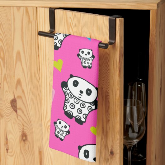 Moderne Schattigee Kawaii Panda roze harten Theedoek (Derde Gevouwen)