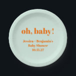 Moderne Schattigee Mint Oranje Baby shower Aangepa Papieren Bordje<br><div class="desc">Modern Schattige Mint Oranje Baby shower Custom Name Paper Borden</div>