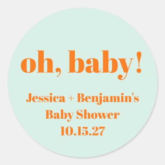 Moderne Schattigee Mint Oranje Baby shower Aangepa Ronde Sticker (Voorkant)