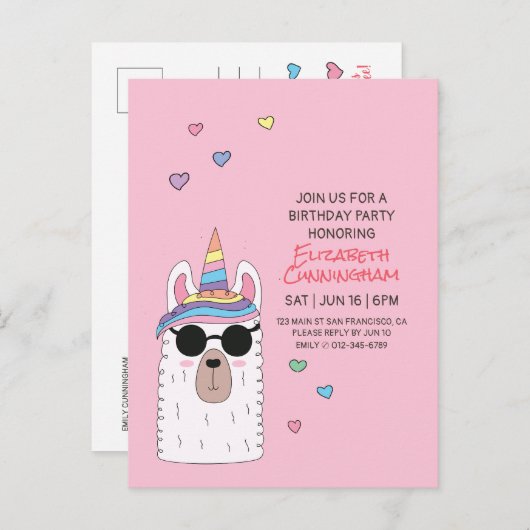 Moderne Schattigee partij Llamacorn Verjaardag Uitnodiging Briefkaart (Voorkant / Achterkant)