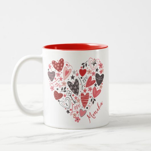 Moderne Schattigee rode harten - Love Monogram Tweekleurige Koffiemok (Links)