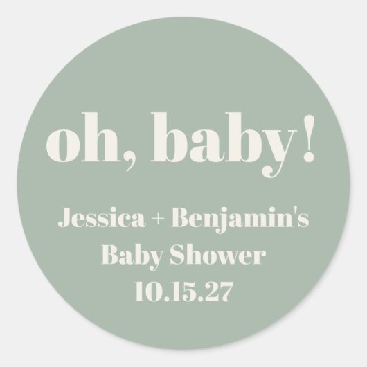 Moderne Schattigee Sage Groene Baby shower Aangepa Ronde Sticker (Voorkant)