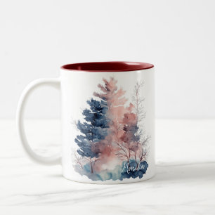 Moderne Schattigee Waterverf Bos in Blauw & Roze Tweekleurige Koffiemok