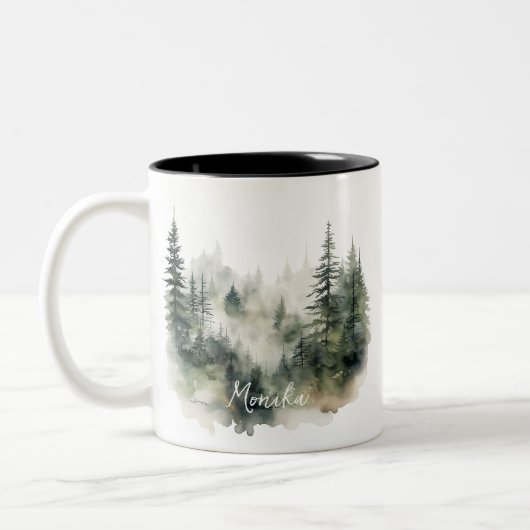Moderne Schattigee Waterverf mistig dennenbos Tweekleurige Koffiemok (Links)