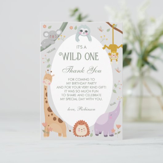Moderne Schattigee Wild One Safari Dieren 1e Verja Bedankkaart (Staand voorkant)