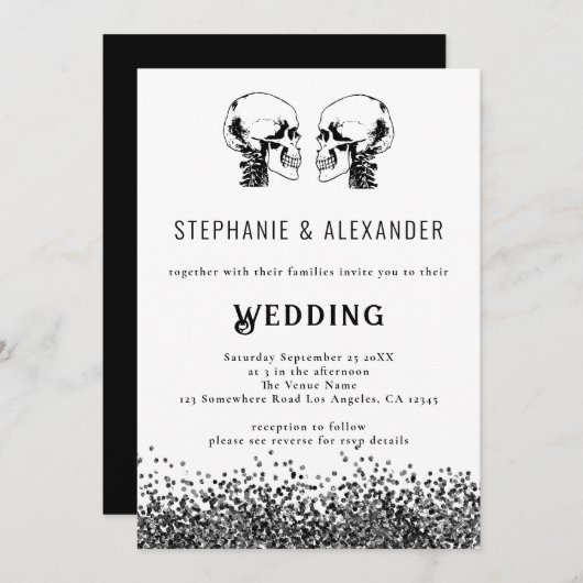 Moderne schedel zwart wit bruiloft kaart (Voorkant / Achterkant)