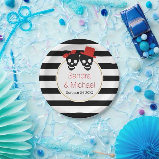 Moderne schedels en strepen rood Halloween bruilof Papieren Bordje (Feest)