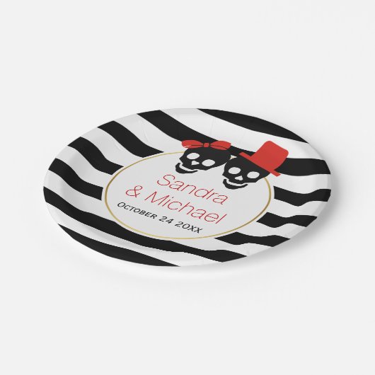 Moderne schedels en strepen rood Halloween bruilof Papieren Bordje (Gekanteld)