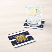 Moderne scheepsanker blauw wit goud monogram kartonnen onderzetters (Insitu)