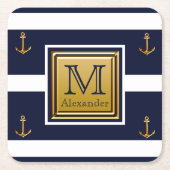 Moderne scheepsanker blauw wit goud monogram kartonnen onderzetters (Voorkant)