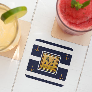 Moderne scheepsanker blauw wit goud monogram kartonnen onderzetters
