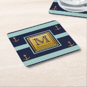 Moderne scheepsanker blauwe gouden monogram kartonnen onderzetters (Schuin)