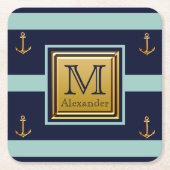 Moderne scheepsanker blauwe gouden monogram kartonnen onderzetters (Voorkant)