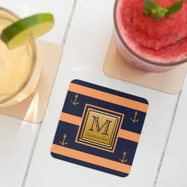Moderne scheepsanker Blauwe Oranje Gouden Monogram Kartonnen Onderzetters