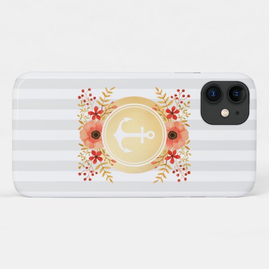 Moderne scheepsanker waterverf bloemgestreepte Case-Mate iPhone case (Achterkant (horizontaal))