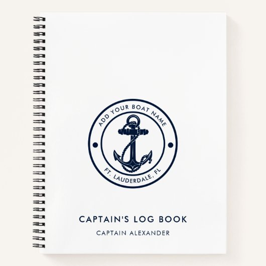 Moderne scheepsnaam Navy Blue Anker Kapiteinslogbo Notitieboek (Voorkant)