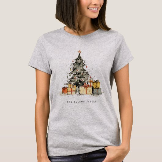 Moderne schetsmatige Waterverf kerstboom cadeaus T-shirt (Voorkant)