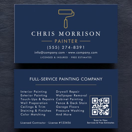 Moderne Schilder Navy Blauw Goud QR-code Visitekaartje