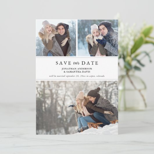 Moderne, schone fotocollage Sla onze datum op Save The Date (Staand voorkant)