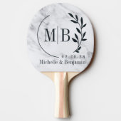 Moderne Schone Witte Marmeren Blad Bruiloft Monogr Tafeltennisbatje (Achterkant)