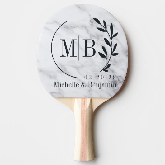 Moderne Schone Witte Marmeren Blad Bruiloft Monogr Tafeltennisbatje (Voorkant)