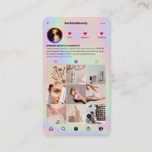 Moderne Schoonheid Cosmetica holografische Instagr Visitekaartje (Voorkant)