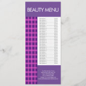 Moderne schoonheid make-up paarse roze gingham men menu (Voorkant)