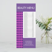 Moderne schoonheid make-up paarse roze gingham men menu (Staand voorkant)