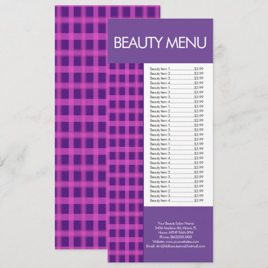 Moderne schoonheid make-up paarse roze gingham men menu (Voorkant / Achterkant)