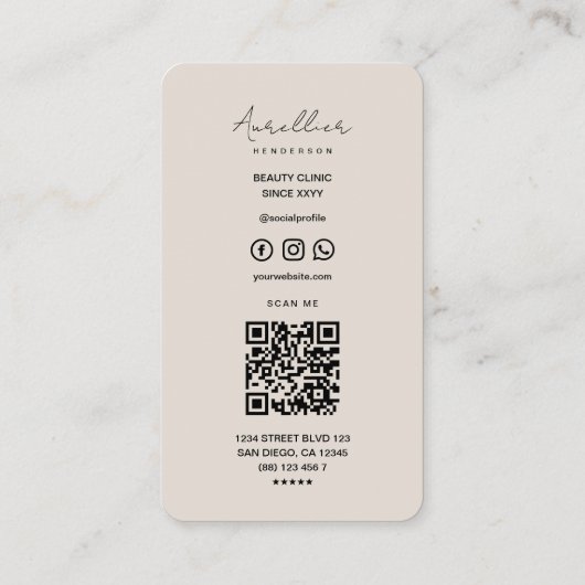 Moderne schoonheidstyliste esthetische Sand Beige Visitekaartje (Achterkant)