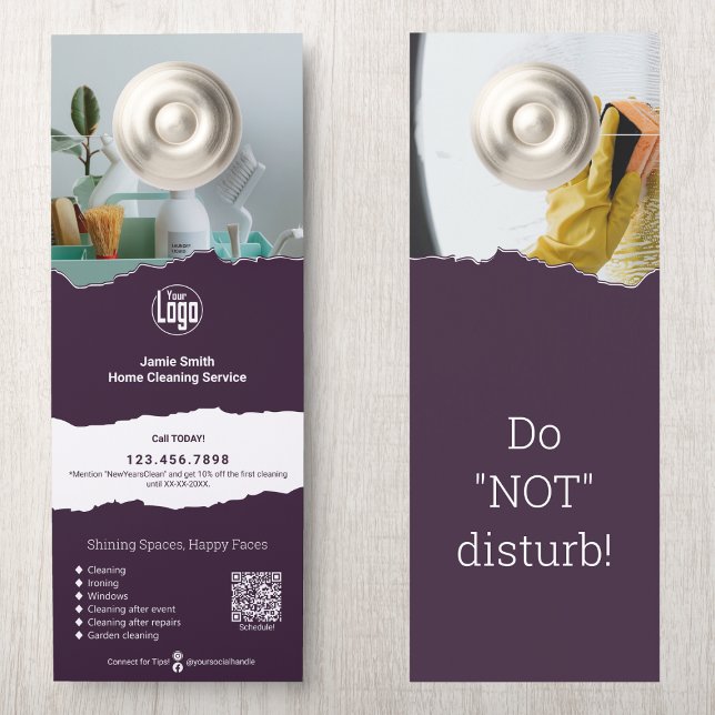 Moderne schoonmaakdienst Promotionele Aangepaste Deurhanger (Modern Cleaning Service Promotional Custom Door Hanger: Logo, QR code, CTA, Terms, Services, Motto)