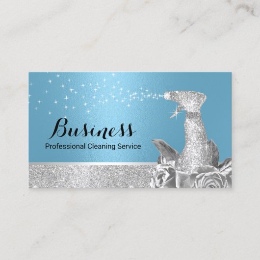 Moderne schoonmaakservice Blauw & Zilver Bloemensp Visitekaartje (Voorkant)