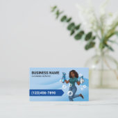 Moderne schoonmaakservice Cartoon Maid Blue Curves Visitekaartje (Staand voorkant)