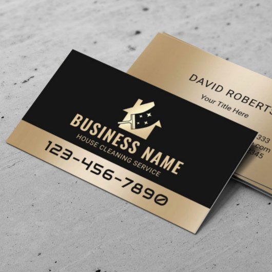 Moderne schoonmaakservice voor huizen zwart en gou visitekaartje
