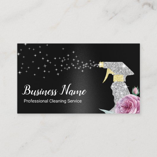 Moderne schoonmaakservice Zilveren Spray Zwart Visitekaartje (Voorkant)