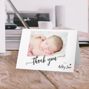 Moderne schrift foto baby shower bedankt notitiekaartje