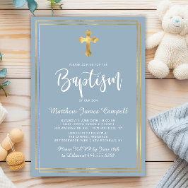 Moderne Schrift Gouden Kruis Stof Blauw Jongens Do Kaart