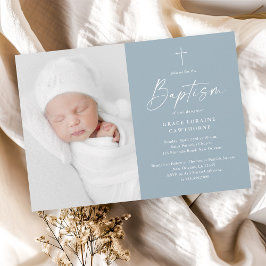 Moderne Schrift Stof Blauw Jongens Foto Doop Kaart