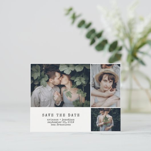 moderne schrijfmachine | 3 Foto Sla de datum op Aankondigingskaart (Staand voorkant)