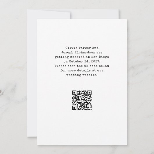 moderne schrijfmachine | Zwart-wit en QR-code Save The Date (Achterkant)