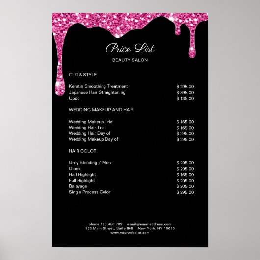 Moderne Schwarz-Roze Glitter Prijslijsten Poster (Voorkant)